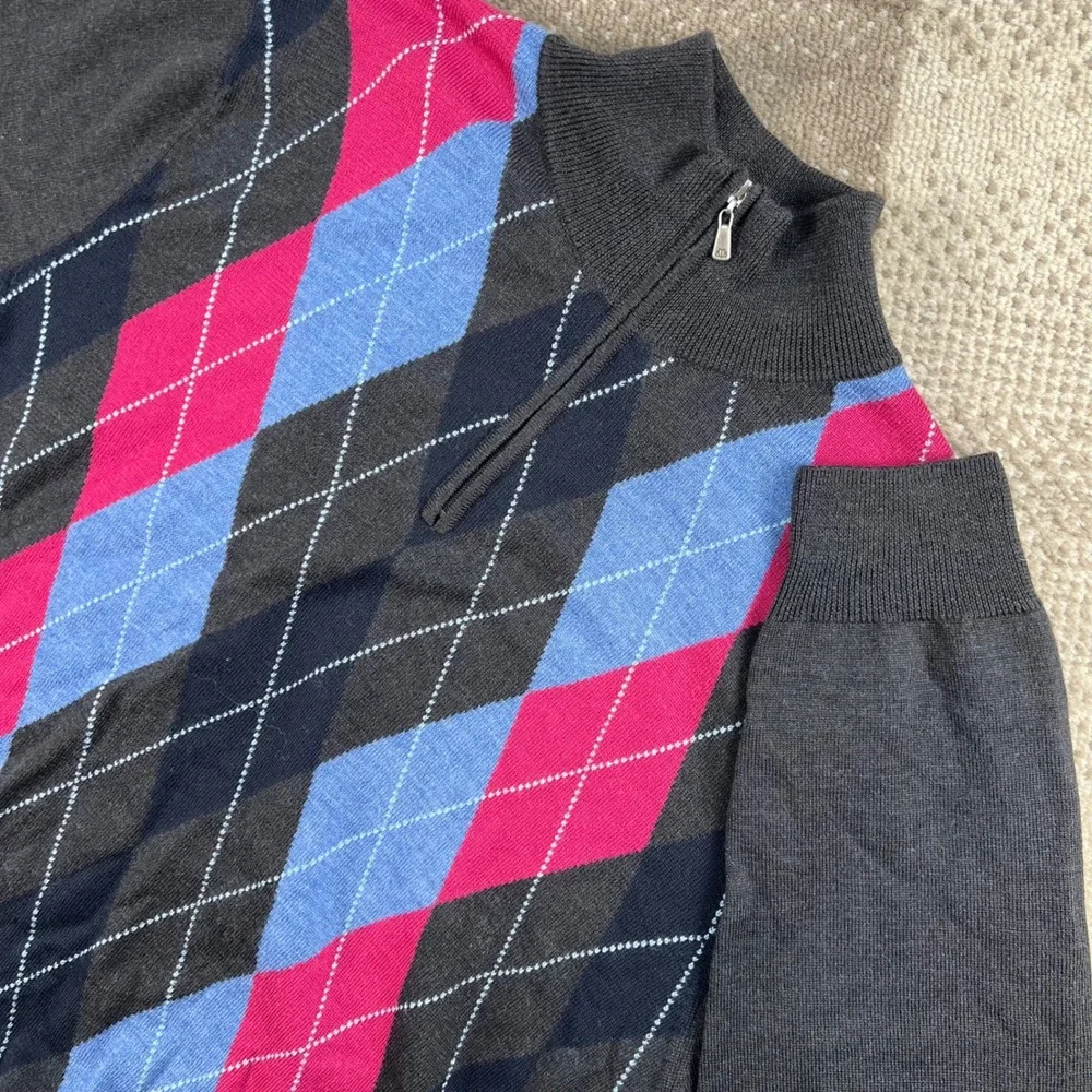 Brooks Brothers Country Club Saxon Wool Argyle 1/4 Zip Sweater Mens Medium Gray